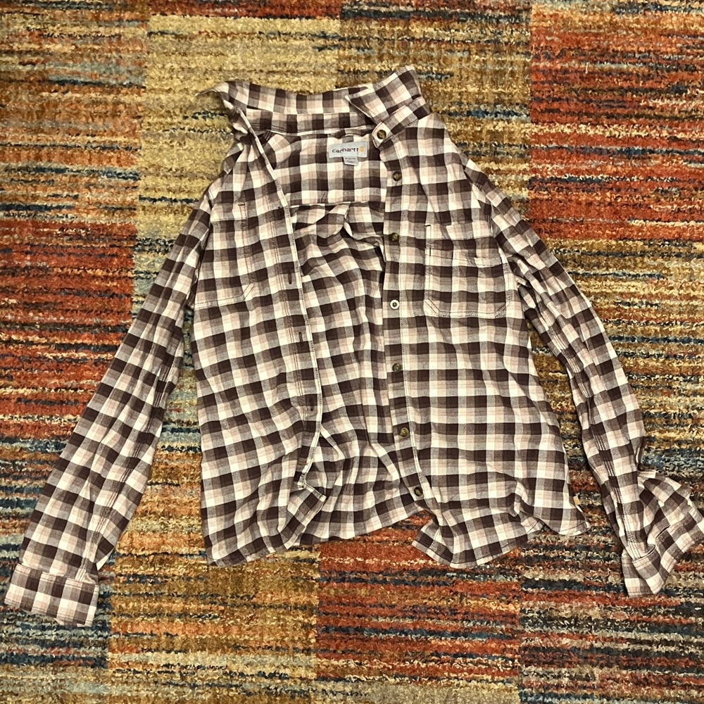Carhartt Brown and White Checkered Button-Down Shirt